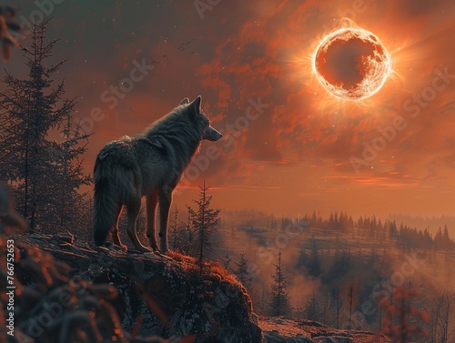 Lone wolf in awe of a solar eclipse, dramatic landscape backdrop, moment of cosmic wonder , high resolution © miss[SIRI]