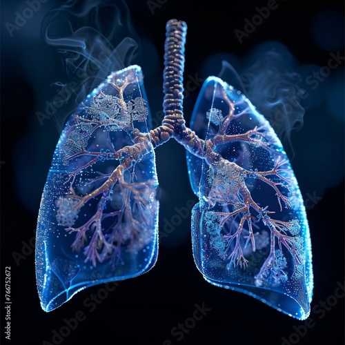 3D cancerous lungs, seethrough effect, detailed pathology, serene blue backlight , stock photographic style photo