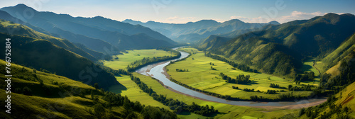 Panoramic Vista of A Lush Valley with A Serene River, Enveloped By Snow-Capped mountains and Blue Skies