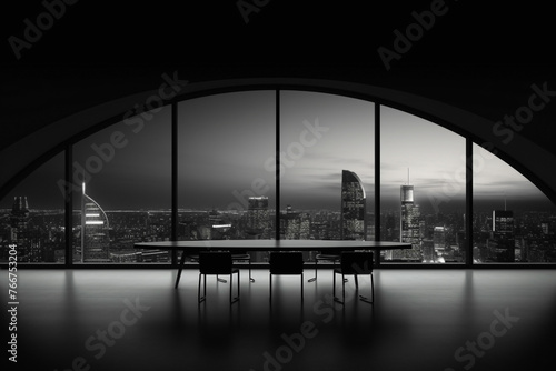 A sleek black and white meeting room with a panoramic city view and a blank white empty frame.
