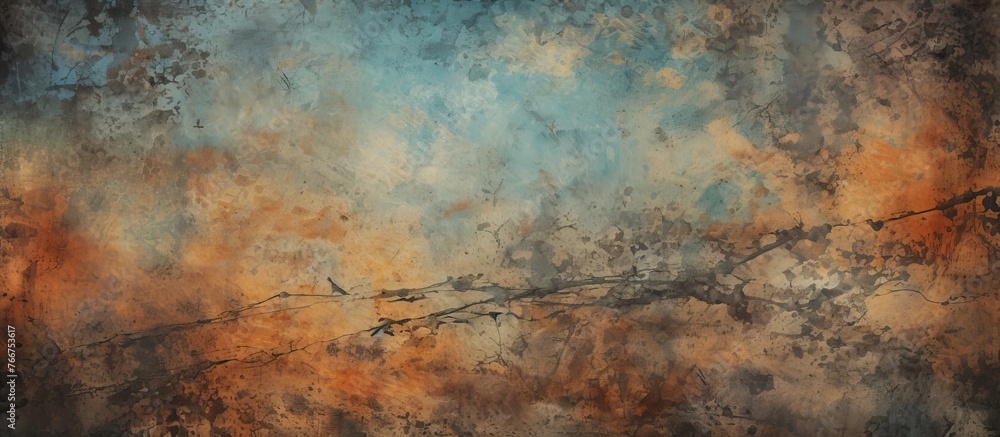 A detailed artwork depicting a tree branch against a rusty background with a vivid blue sky in the distance