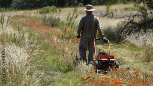 A maintenance worker using a push mower instead of gaspowered equipment demonstrating the use of ecofriendly practices in maintaining . AI generation. photo