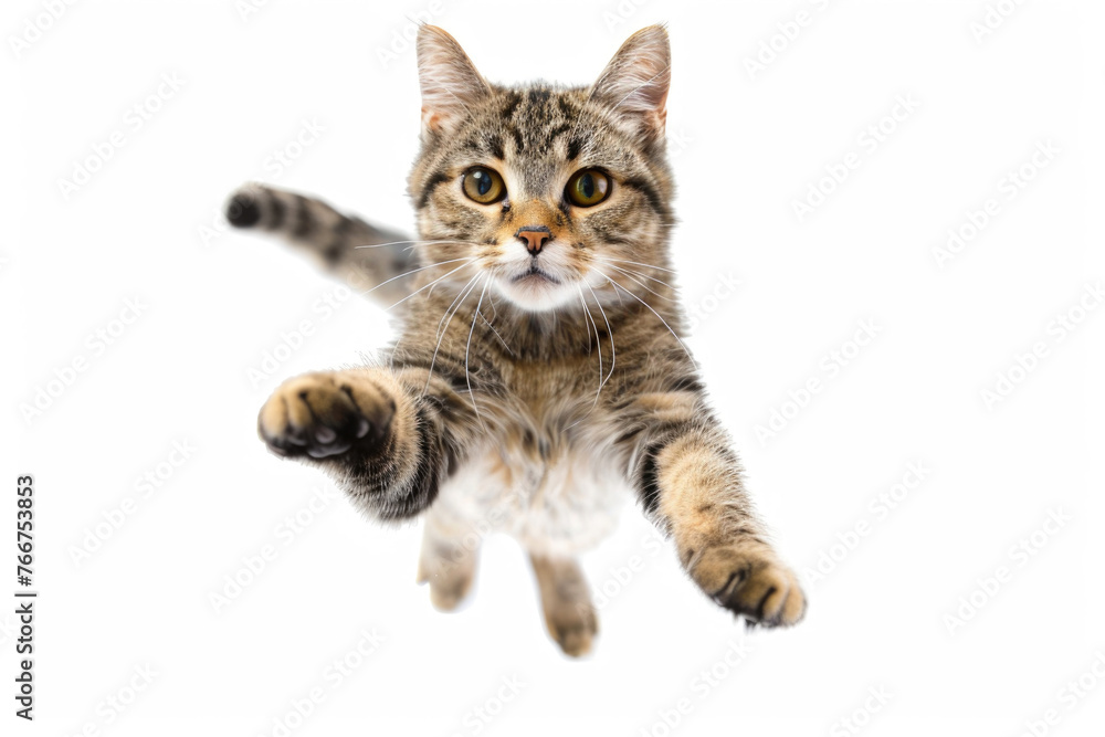 A playful cat jumping in the air on a white background