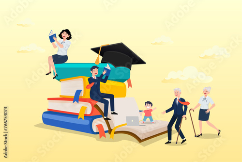 People in different age reading new books and study online on book stacked, Lifelong learning, self study to motivate and improve skill development, continue learn new knowledge for life long (Vector)