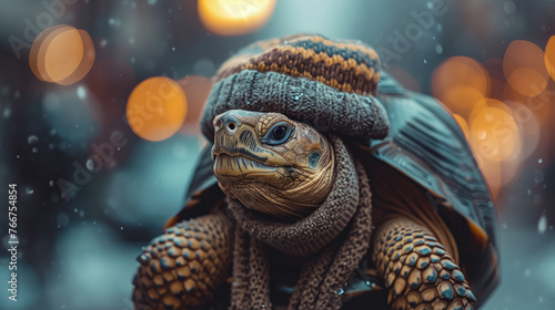 A turtle wearing a hat and scarf