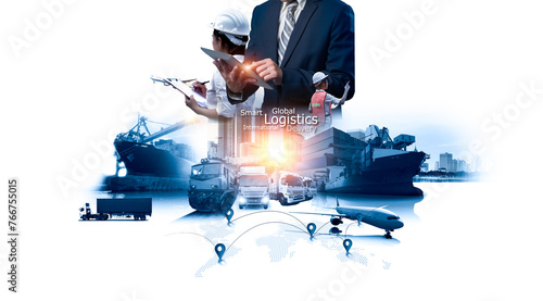 Smart technology logistics concept,  Businessman touching virtual screen world map of Global logistics network distribution, Air cargo trucking, Rail transportation, Online goods orders worldwide