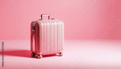 Chic coral-colored suitcase stands out against a matching pink background.