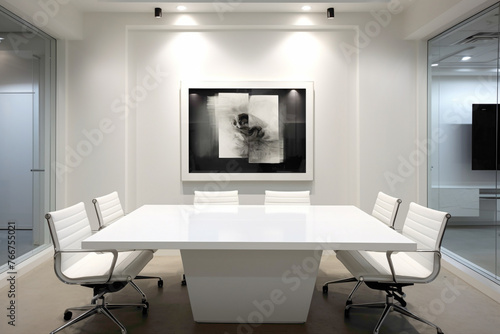 A sleek and professional meeting space with a minimalist approach to design. The blank white empty frame on the wall offers a versatile display area.