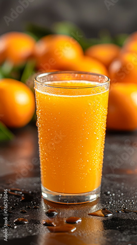 A glass of orange juice is sitting on a table with a bunch of oranges. Concept of freshness and health