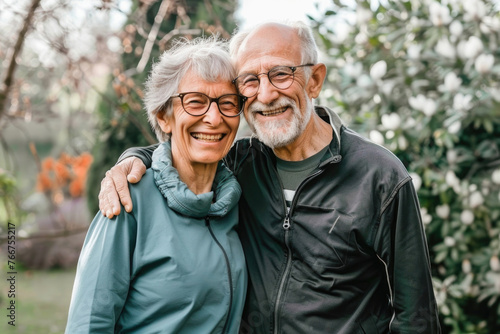 An elderly couple smiles happily together outdoors