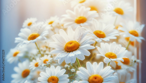 Cluster of bright daisies basks in the gentle light  their white petals and golden centers a picture of natural serenity...