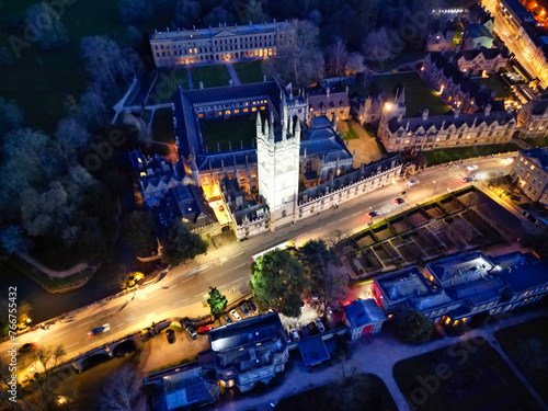 Aerial View of Illuminated Historical Oxford Central City of England at Night. England United kingdom. 