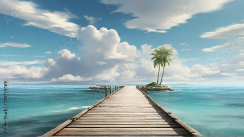 Beautiful tropical landscape background, with wooden pier leading to an island in the ocean with blue sky. generative ai © Firly