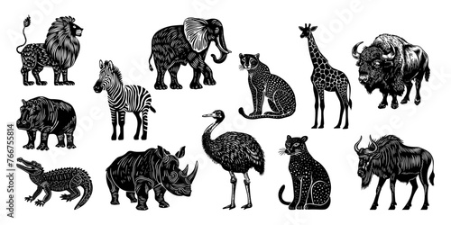 Hand drawn set with african animals in linocut style. Isolated on white background.  photo