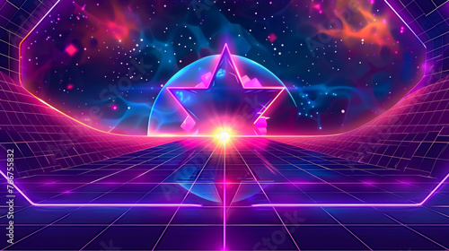 A colorful, neon-lit space with a star in the center. The star is surrounded by a glowing orb, and the entire scene is filled with bright colors and patterns. Scene is energetic and futuristic