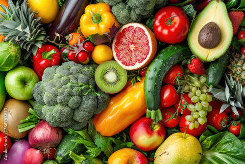 Top view of a wide variety of fresh fruits  vegetables and greens