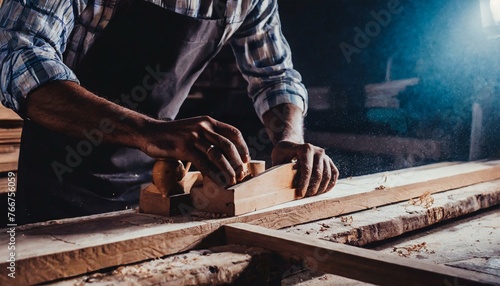Carpenter's hands planing a plank of wood with a hand plane, in factory, old, dark 