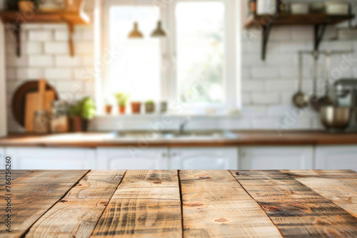 Blurred kitchen background with a focus on the wooden tabletop