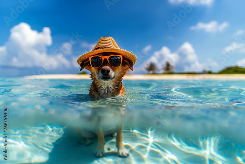 dog summer holiday wearing sunglasses having fun with water on the beach, generative ai photo