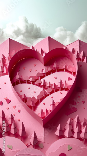 A heart made of paper is surrounded by trees and has a pink background
