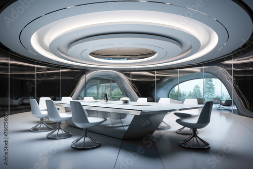 A sleek and futuristic meeting room with floor-to-ceiling LED panels, curved glass walls, and minimalist furniture in shades of silver and gray.