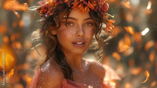 A model wearing a flowing dress and flower crown poses amidst falling leaves.