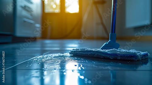 A blue mop is on the floor in a kitchen. The mop is wet and has a blue and white handle