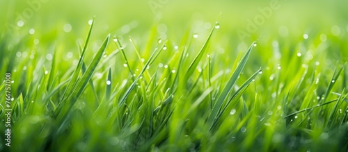 A close up of a field of grass from the grass family with water drops, representing the harmony between plants, water, and people in nature