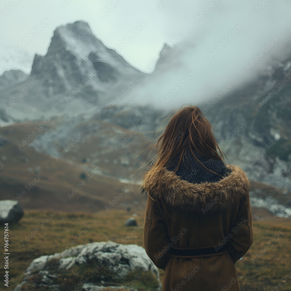 Girl is standing alone and looking at the big mountain Girl is standing alone and looking at the big mountain