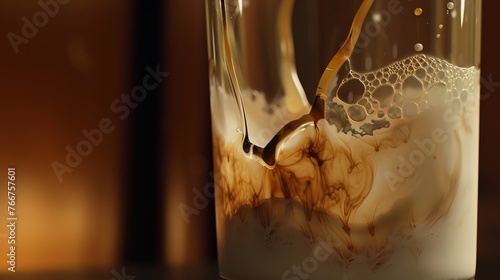 Close-up View of Coffee Mixing with Milk in Glass