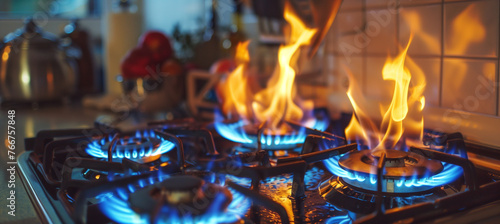 Close-up shot of intense blue propane gas flames on kitchen stove top with copy space