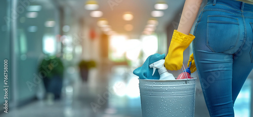 close up hand of cleaning service worker holding bucket with cleaning supplies at office background