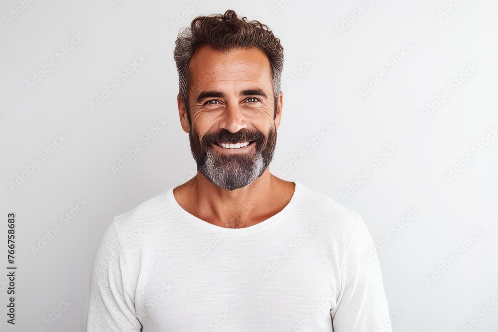 Portrait of handsome mature man looking at camera and smiling while standing against grey background Portrait of handsome mature man looking at camera and smiling while standing against grey background