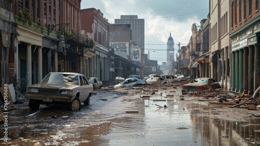 A once bustling city street now a ghost town with shattered windows collapsed buildings and overturned cars all victims of severe flooding. - obrazy, fototapety, plakaty 