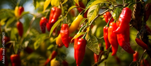 A variety of peppers including Birds eye chili, Chile de rbol, Peperoncini, Malagueta, and Serrano are growing on a plant, providing vibrant colors and essential ingredients for staple foods photo