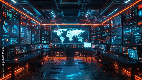 A digital illustration of a futuristic cybersecurity center with advanced threat detection and response systems 