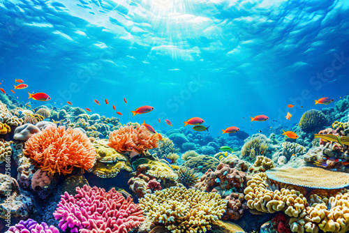 Photo coral reef with fish blue sea underwater scene © yuniazizah