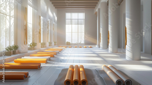Serene Yoga Haven with Neatly Rolled Mats