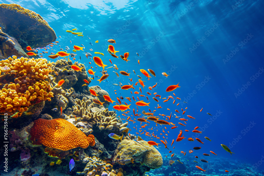 Photo coral reef with fish blue sea underwater scene