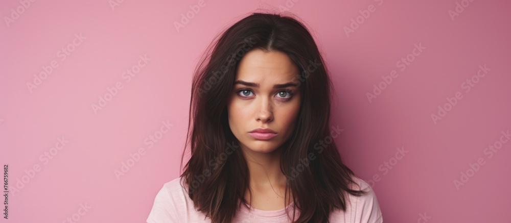 A woman is standing in front of a pink background with a sad expression on her face, her chin slightly trembling, her eyes downcast and her eyelashes wet with tears A woman is standing in front of a pink background with a sad expression on her face, her chin slightly trembling, her eyes downcast and her eyelashes wet with tears