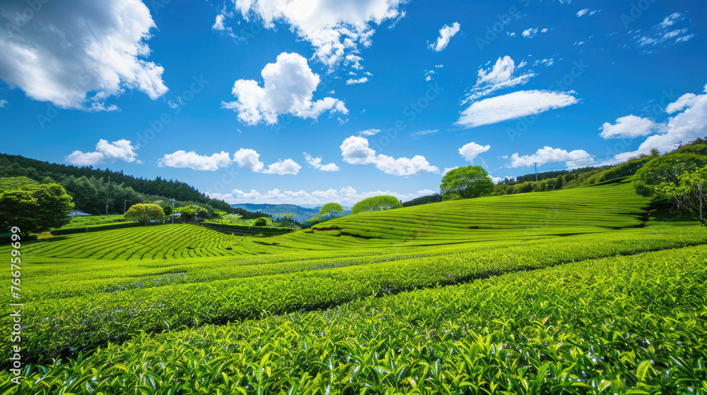 A vast expanse of lush green tea plants