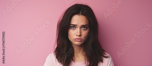 A woman is standing in front of a pink background with a sad expression on her face, her chin slightly trembling, her eyes downcast and her eyelashes wet with tears