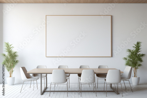 A professional meeting space featuring sleek and minimalistic design elements. The blank white empty frame on the wall serves as a platform for customization.