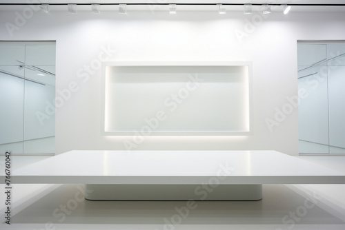 A professional meeting space featuring sleek and minimalistic design elements. The blank white empty frame on the wall serves as a platform for customization.