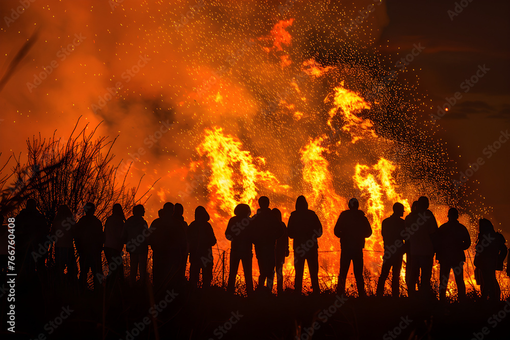Silhouette of a crowd watching an Easter fire or bonfire at night