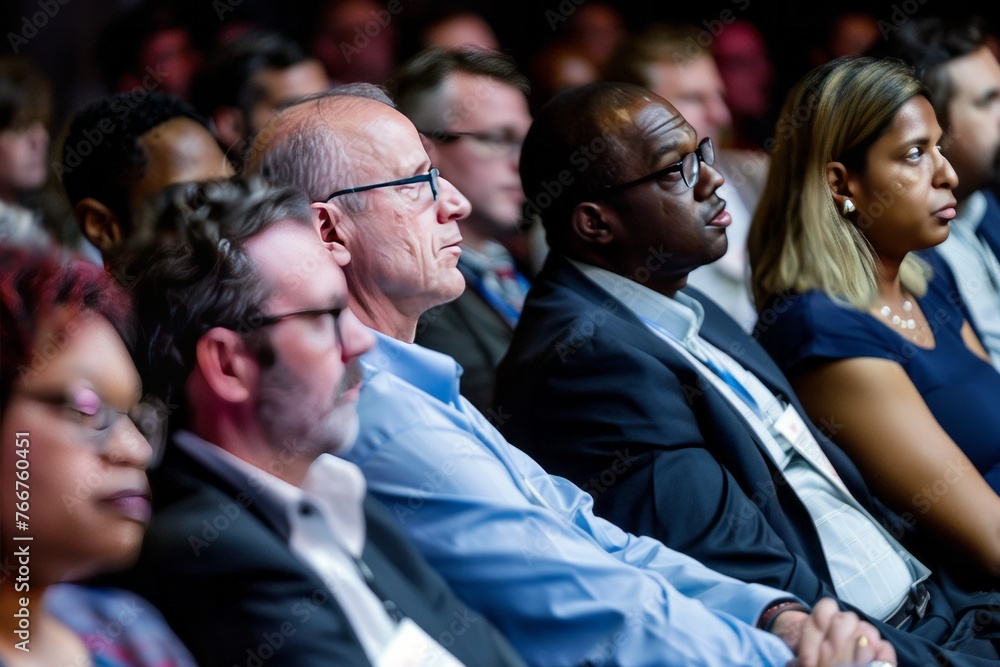 Obraz premium A live audience debate on hot-button issues impacting the business community, with audience members posing questions and sharing their perspectives on topics ranging from workplace diversity to global