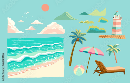 beach elements with sea,sand,sky.illustration vector for a4 page design © piixypeach