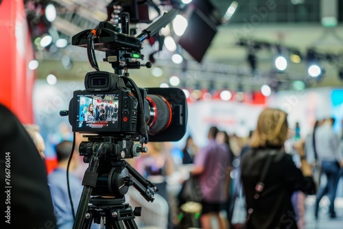 A live remote broadcast from a bustling business conference or expo, with the talk show host interviewing industry leaders and attendees to capture the buzz and excitement of the event, Generative AI