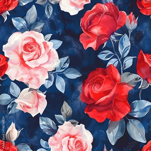 Vibrant Red and Pink Roses with Navy Blue Foliage Background