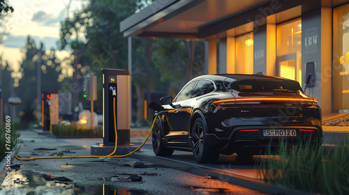 A digital rendering of an electric car charging at a UHD charging station, highlighting advancements in sustainable mobility